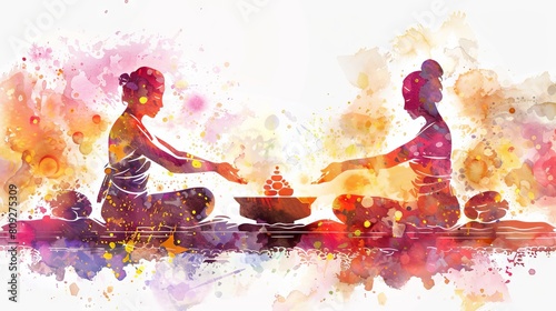 Expressive watercolor painting of Asian women engaged in a traditional ceremony. Artistic depiction of cultural rituals. Concept of heritage, traditional practices, and vibrant art.