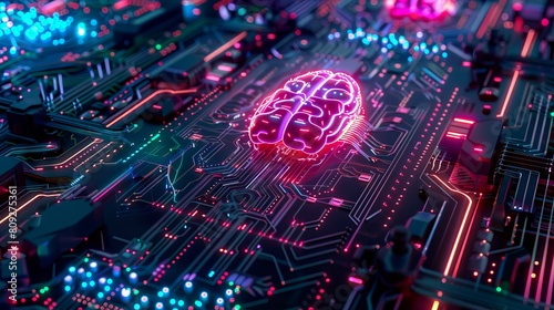 Illuminated neon brain on a circuit board backdrop. Glowing brain symbolizing artificial intelligence, technology and human intelligence. Concept of brainpower, cognitive science