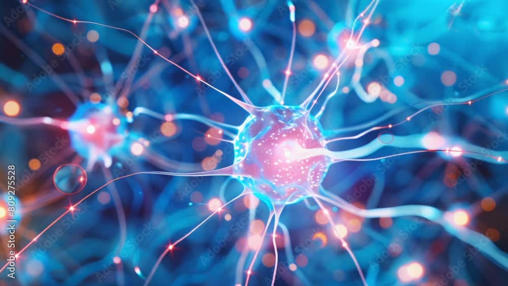Neural network brain, synapse connections, brain stimulation or activity with neuron close-up.