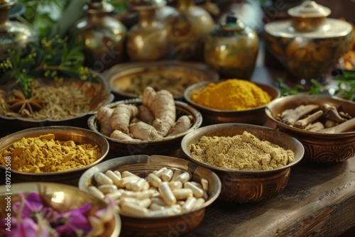 Traditional Ayurvedic medicine setup featuring an array of herbs, powders, and capsules in ornate bowls. Generative AI