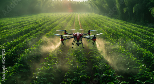 Agriculture drone fly to sprayed fertilizer on the green tea fields photo