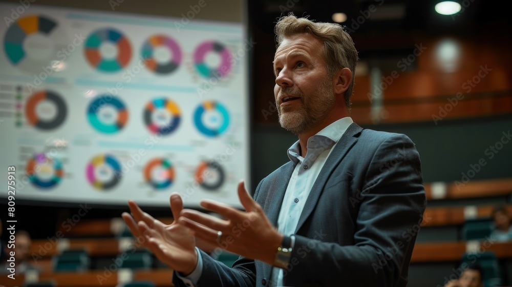 Confident businessman giving a presentation in a large conference room. Confident businessman giving a presentation in a large conference room.
