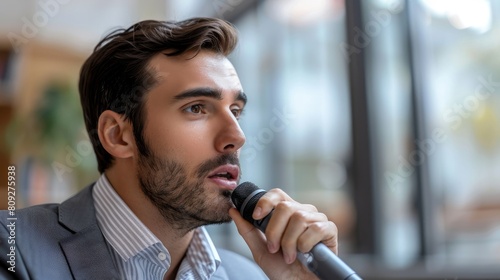 Confident young businessman giving a speech during a conference. photo