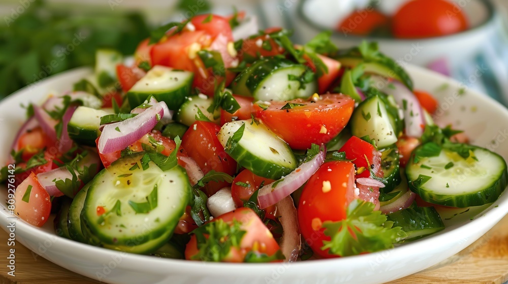 Greek salad in a stylish white bowl. Generative Ai Greek salad in a stylish white bowl. Generative Ai