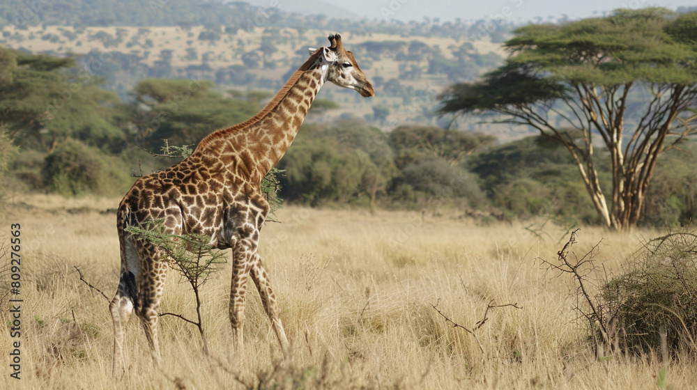 Majestic Giraffe Roaming in the Serene African Savannah Landscape