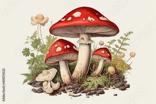 Detailed botanical drawing of red mushrooms with white spots among foliage