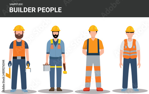 set of male Technician and builders construction workers in helmets. Vector flat illustration of diverse people working in building industry
