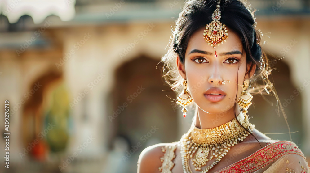 A portrait of a beautiful young Indian girl in traditinal clothes