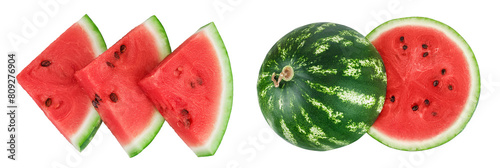 Slices of watermelon isolated on white background. Top view. Flat lay