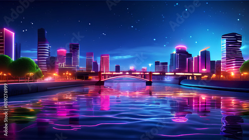 Colorful glowing neon lights in the sky in the night time on the bank of a river