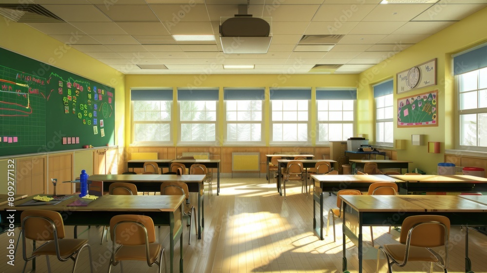A classroom packed with rows of desks and chairs ready for students to occupy and learn. A classroom packed with rows of desks and chairs ready for students to occupy and learn.