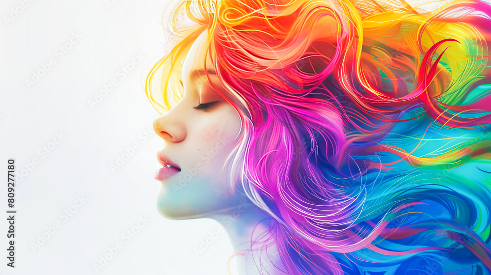 Artistic fantasy closeup of a girl with rainbow colored hair