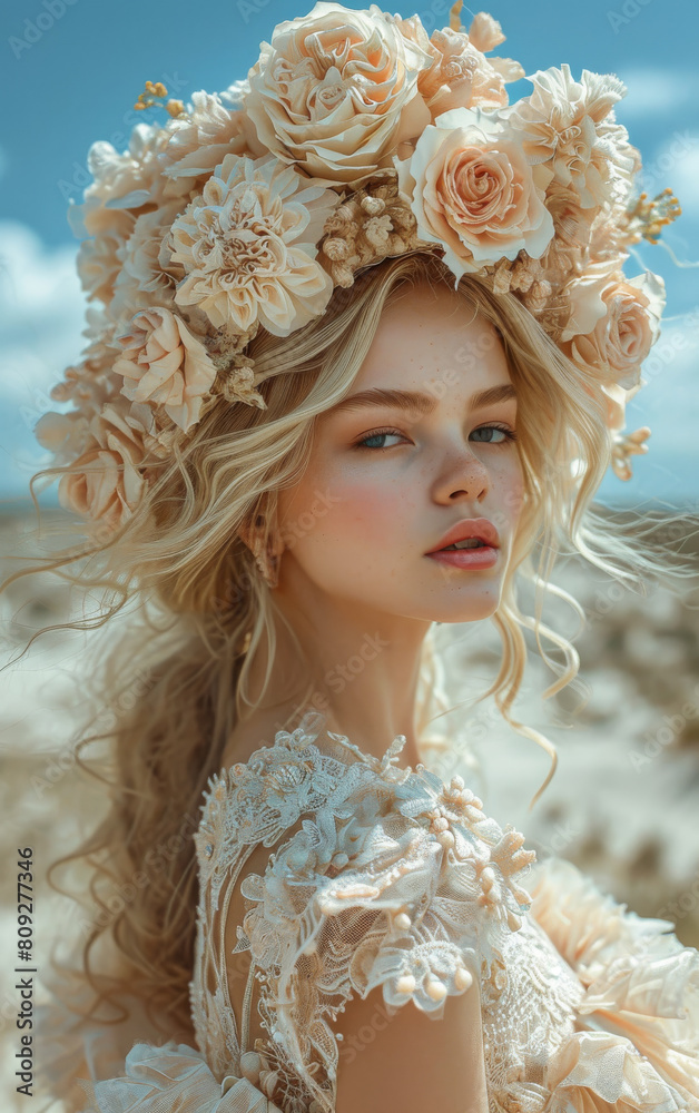 Fototapeta premium Beautiful young woman in wreath of roses. A woman in a dress with a flower on the head in the desert