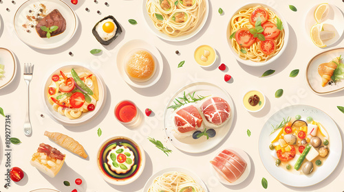 Seamless pattern with different food on light background. Top view.