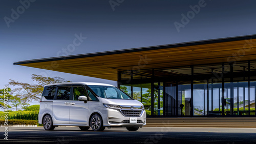 adopt a new concept MPV for its first luxury car, front quarter view, parked in front of a modern photo