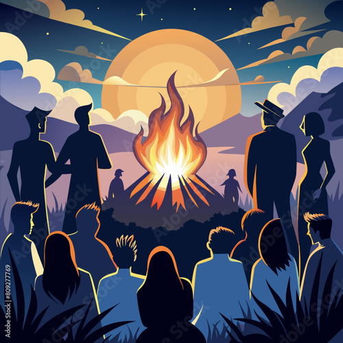 Crowd of people in silhouette watching easter fire or bonfire.