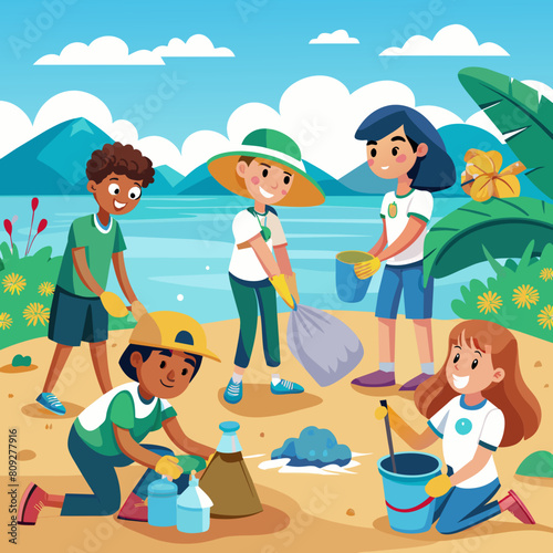 sustainable education community service young children teenagers volunteering and participating in environmentally friendly educational work picking up cleaning plastic on beach.
