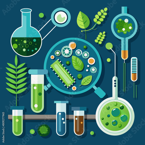 Algae, microalgae macro. biotechnology, science. Flat lay, top view. Biofuel research process in laboratory.