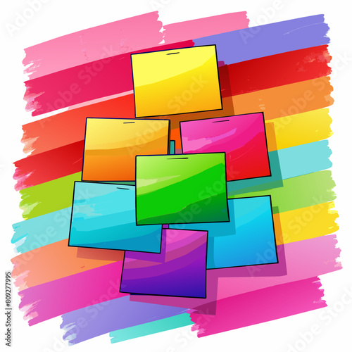 colorful post-its on a wall, abstract, rainbow colors, copy space, watercolor illustration for background banner.