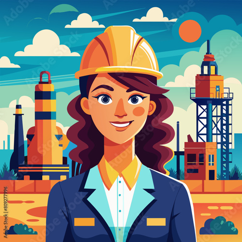 Portrait of a smiling female engineer at an oil refinery, confidently overseeing operations, maintaining safety standards, and ensuring the efficient production of petroleum products,