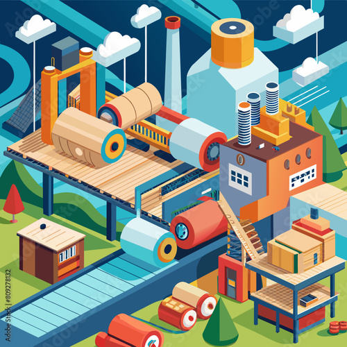Modern paper mill factory with machines turning wood pulp into rolls of paper for various uses