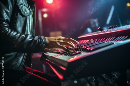 Close-up of a musician's hands playing an electronic keyboard during a live concert with vibrant stage lighting photo
