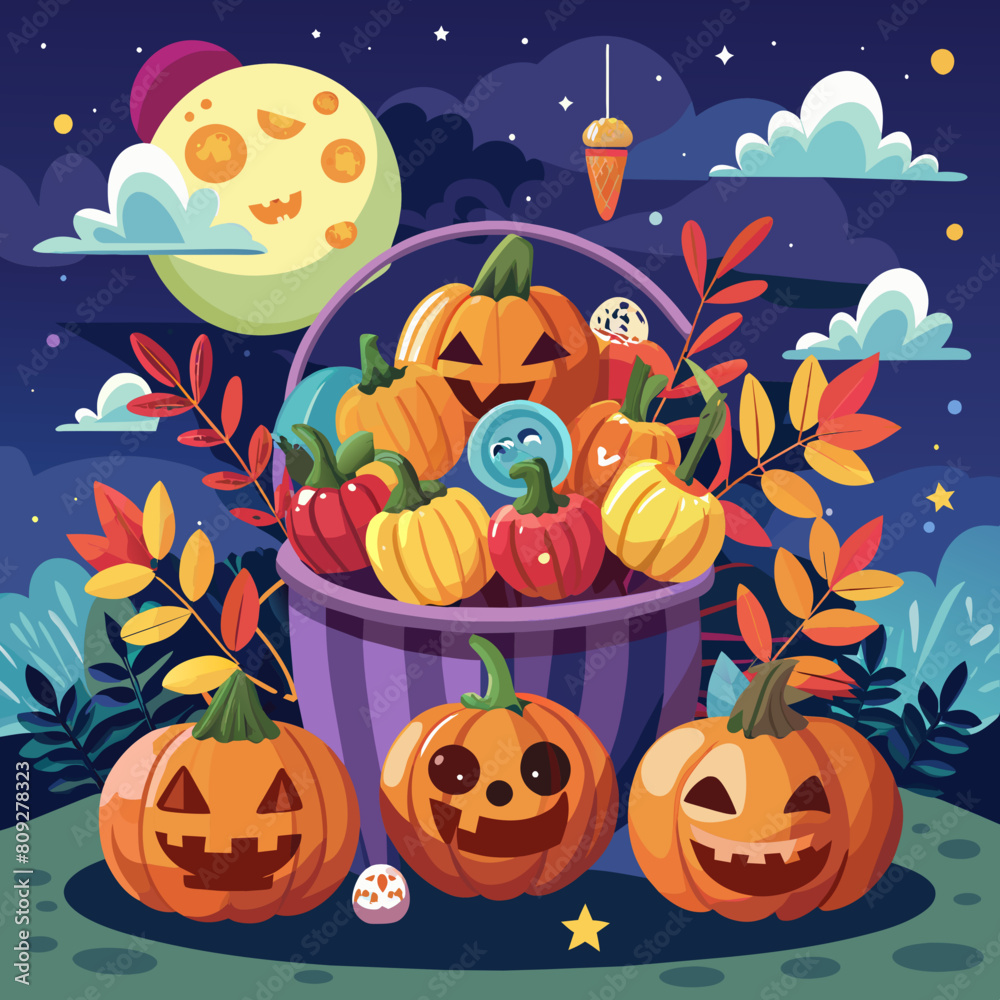 Trick or treat with sweet candies in a Halloween pumpkin bouquet, in a halloween celebration mood