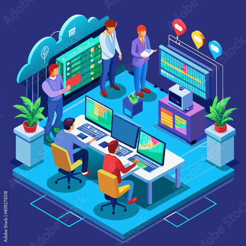 Network operations center ( NOC) with technicians monitoring network traffic, troubleshooting issues, and ensuring network performance