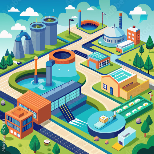 Modern urban waste water treatment plant, process of water purification.