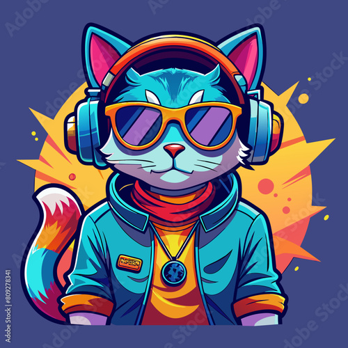 Cool cat in headphones and sunglasses listens to music. Close portrait of furry kitty in fashion style.  illustration. Printable design for t-shirts, mugs, cases, etc.