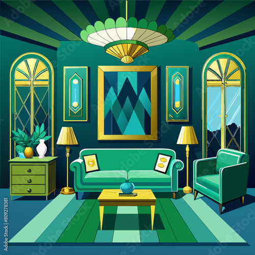 a green living room with blue and gold furniture stock photo & 3d model design art deco bedroom