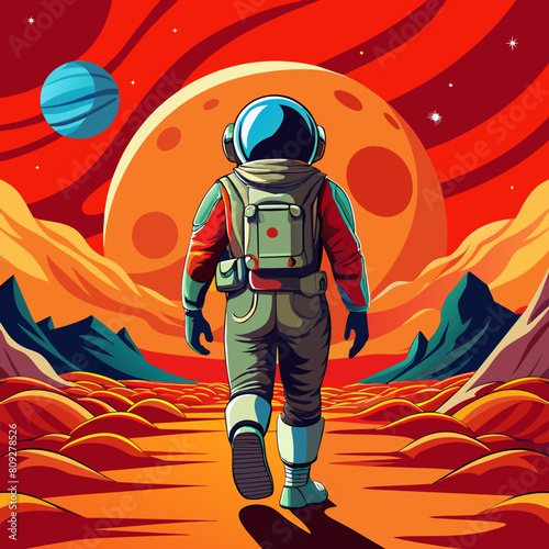 Back view of astronaut wearing space suit walking on a surface of a red planet.