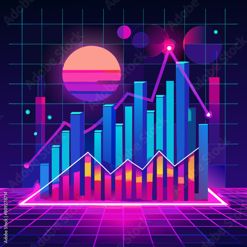 Business economic charts with light effects, neon. Abstract neon background, growth and fall analytics.