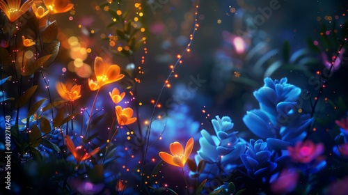 colorful lights light up the dark background with plants  in the style of dreamlike fantasy creatures  azure and amber