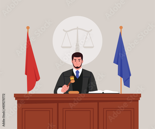 Vector illustration of a male judge. Cartoon scene of a judge in a robe, holding a wooden gavel, sitting at the judge's table, an open book, red and blue flags, scales of justice, measures. © MVshop