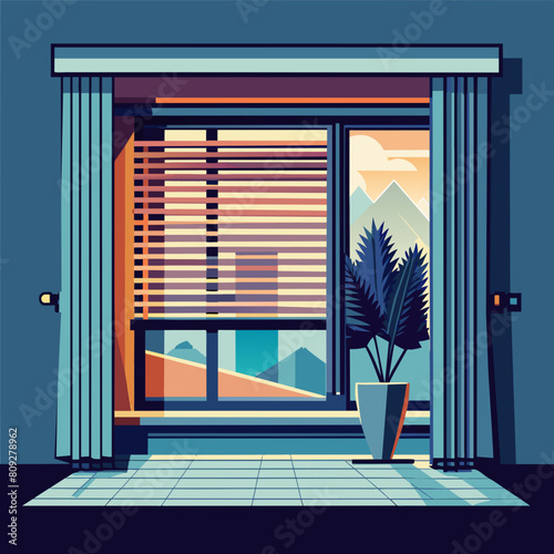 large window with automated blinds and curtains, providing privacy for the room