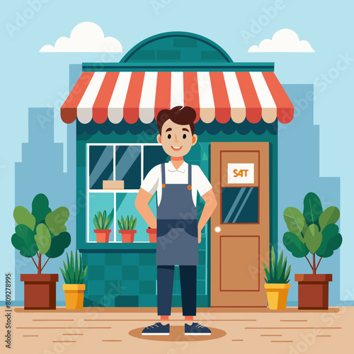 Entrepreneurial spirit: Small business owner stands confidently at cafe entrance.