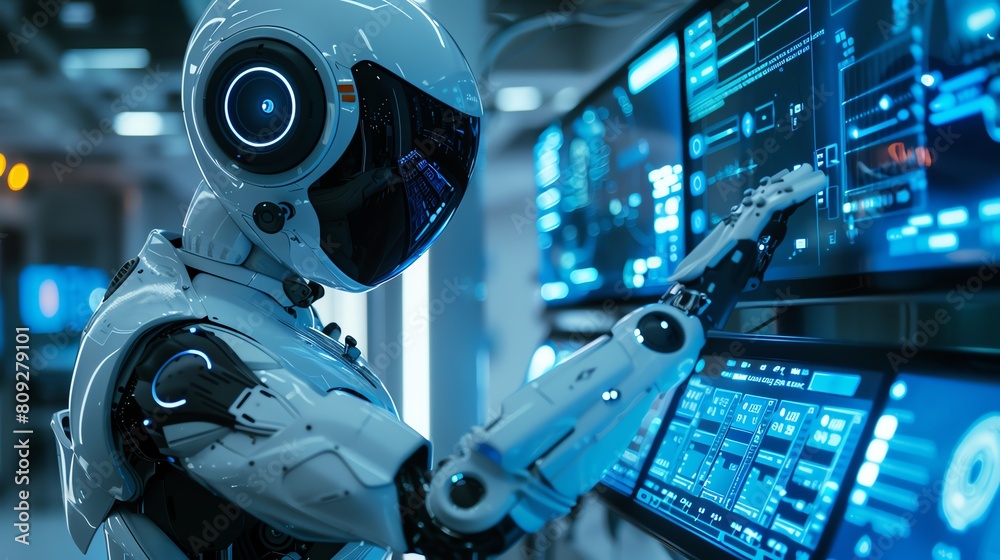 A sleek humanoid robot operating a control panel in a futuristic lab, bathed in blue light A sleek humanoid robot operating a control panel in a futuristic lab, bathed in blue light