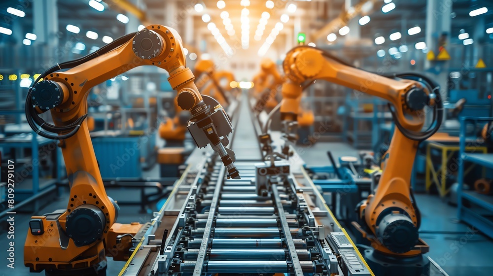 Robotic arms assembling complex machinery on a brightly lit factory floor Robotic arms assembling complex machinery on a brightly lit factory floor