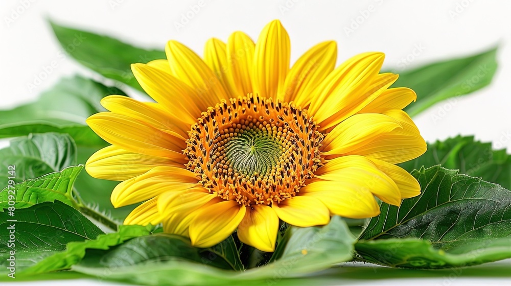 Obraz premium A single sunflower in full bloom against a white background. The sunflower has bright yellow petals and a dark brown center. The leaves are a deep green color.