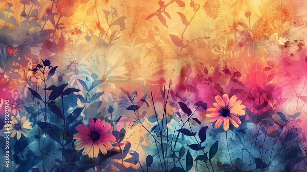 Grunge style beautiful, colorful, abstract art. Paper texture. Colorful painting. Watercolor background with flowers and plants