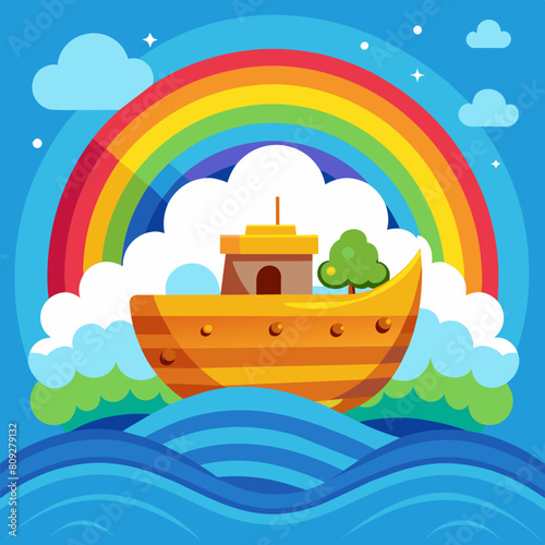 Noah's Ark in the water and rainbow in the background