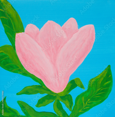 Pink magnolia on blue 2 painting