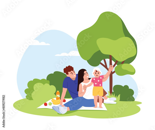 Vector illustration of a family on a picnic.Cartoon scene of a man and a woman with a baby sitting on a blanket with fruit, juice, in nature, in a park with green trees, bushes,blue sky,white clouds. © MVshop