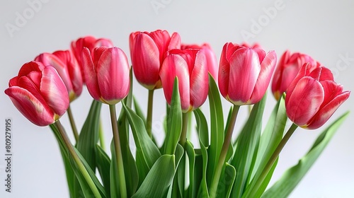 A beautiful bouquet of pink tulips with green stems and leaves #809279195