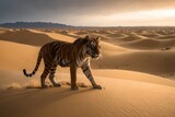 Tiger walking in the desert, climate change campaign, feline alone among sand dunes