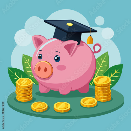 Piggy Bank with Black Graduation Hat with coins. Savings for investment in education and scholarship concept.
