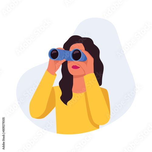 Vector illustration of a pretty girl looking through binoculars. Cartoon scene of a curly-haired girl with pink lipstick on her lips, wearing a yellow t-shirt and looking through blue binoculars. © MVshop