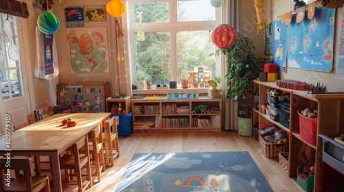 A childs playroom featuring a small table and chairs for play and activities.