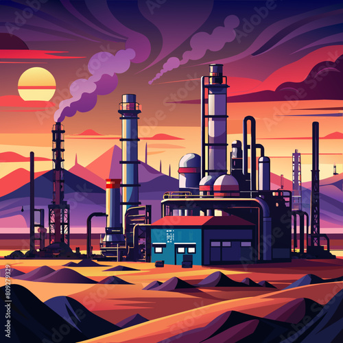 Oil refinery plant for crude oil industry on desert in evening twilight, energy industrial machine for petroleum gas production background